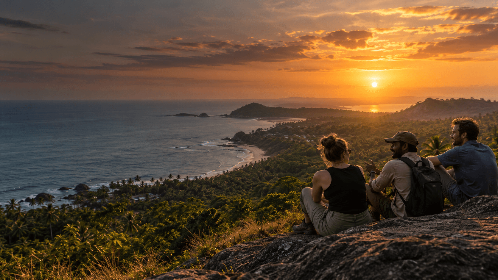 Travellers and their guide overlooking the Sri Lankan coast at sunset