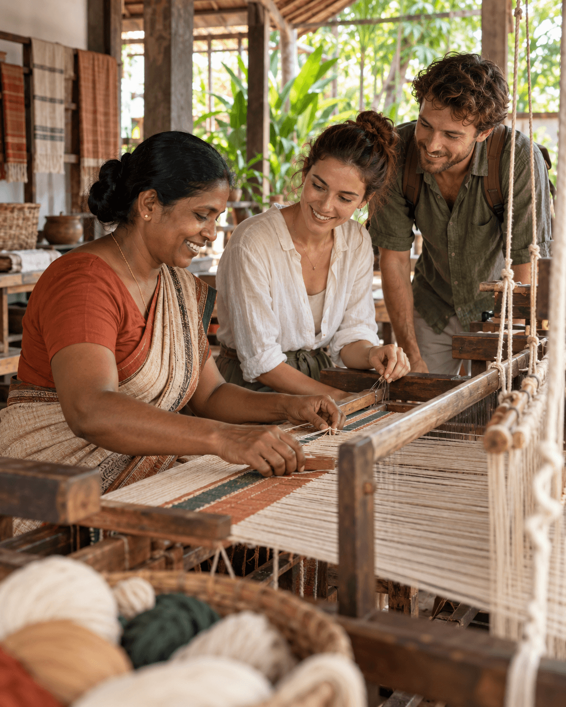 Travellers learning traditional Sri Lankan handloom weaving